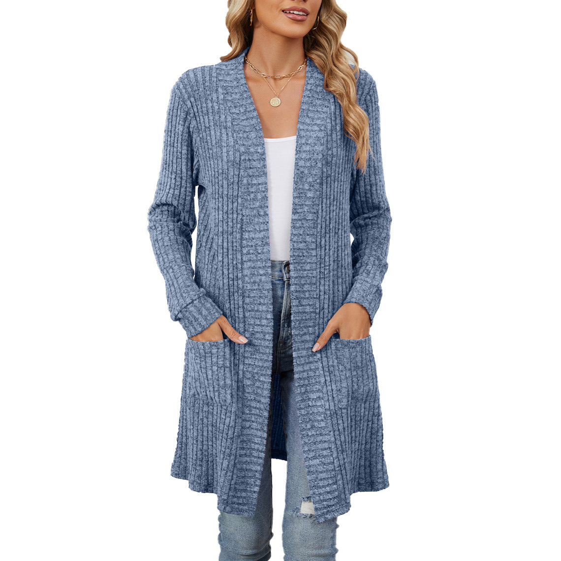 Automne hiver longue couleur unie à manches longues poches lâches Cardigan manteau femmes vêtements