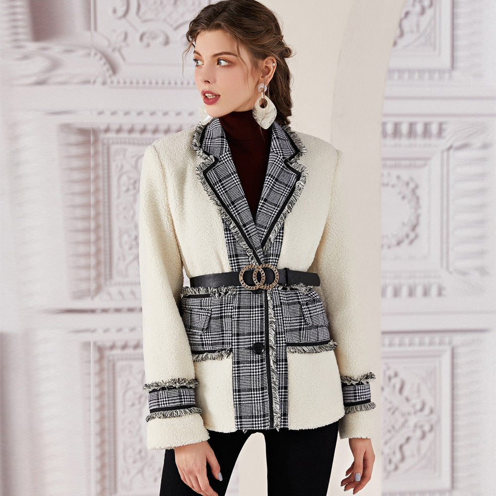 Blazer décontracté en laine d'agneau pour femme, vêtement d'automne et d'hiver avec coutures aux épaules