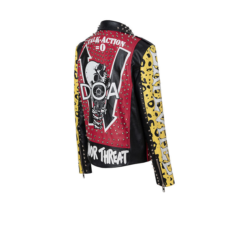 Graffiti Printing Leather Rivet Heavy Industry Biker Leather Jacket Coat