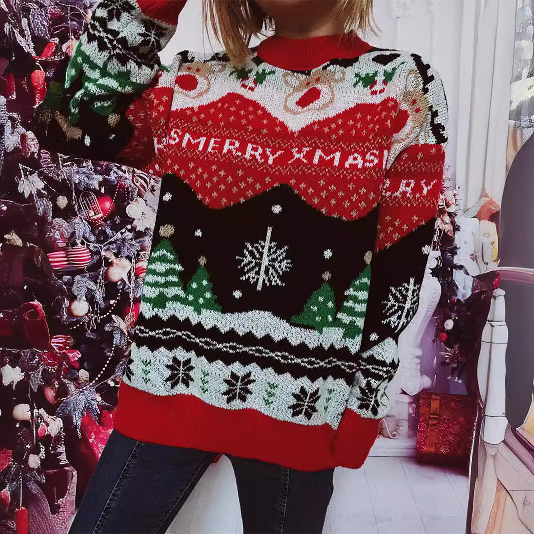 Christmas Sweater Autumn Winter Women Elk Snowflake round Neck Long Sleeve Pullover