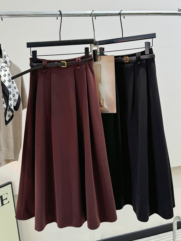 High Waist A line Skirt Women Autumn Winter Retro Ankela Red Dress Draping Effect Slimming Pleated Skirt (With Belt)