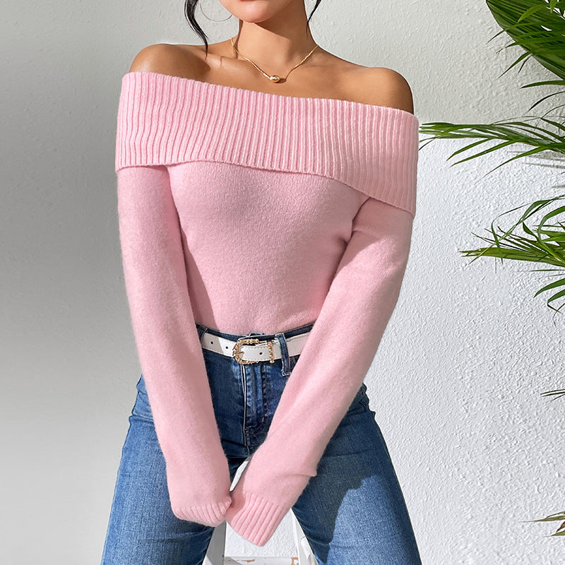 Women Clothing Slim Collared off Shoulder Sweater Sexy Knitted Sweater Solid Color Bottoming Sweater