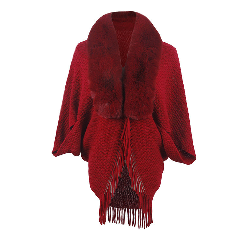 Wool Rain Fur Collar Knitted Tassel Cape Coat Women Autumn Winter Outdoor Shawl