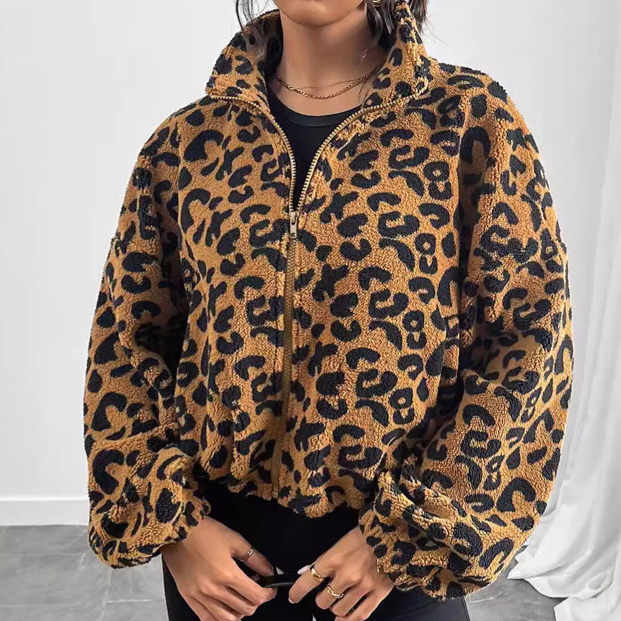 Ropa de mujer Otoño Invierno Cárdigan holgado con cremallera Abrigo de felpa con estampado de leopardo