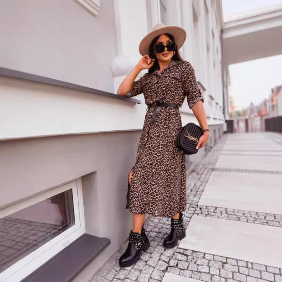 Vestido camisero de longitud media con estampado de leopardo para mujer