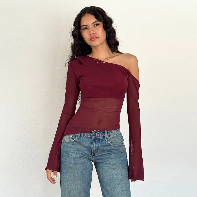 Autumn Casual Wild Shoulder Gauzy off the Shoulder Long Sleeve Top for Women