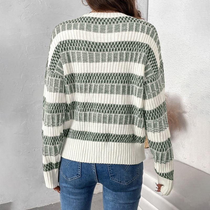 Top Autumn Winter Women Clothing Casual Striped Contrast Color Sweater