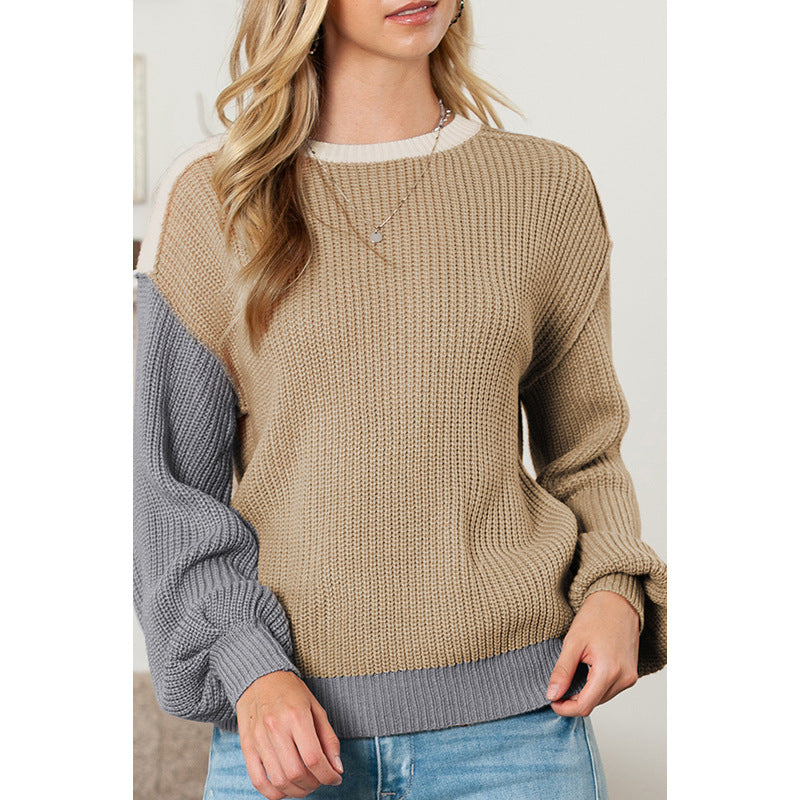 Pull à blocs de couleurs d'automne pour femme, décontracté, assorti, chaud, à manches longues