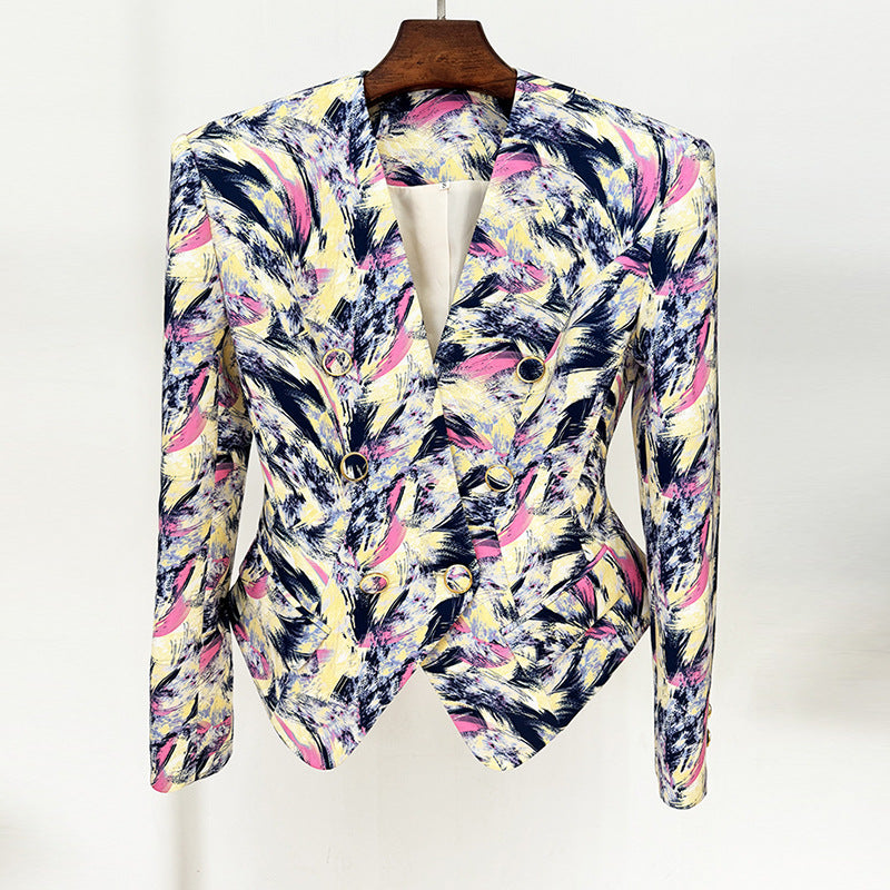 Star Slim Profile Wide Shoulder Feather Printed Collarless Blazer Jacket