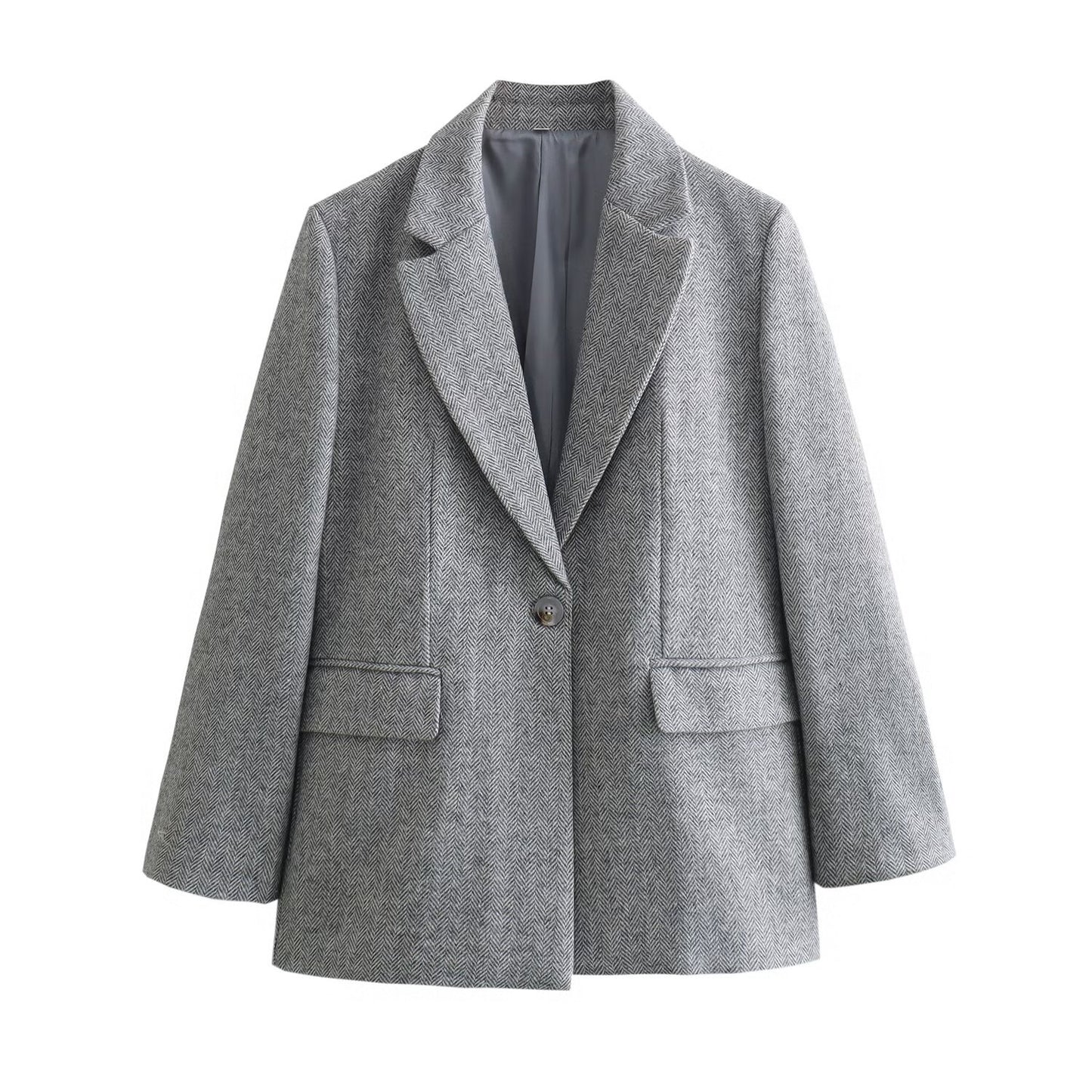 Spring Women Herringbone Twill Straight Cut Blazer