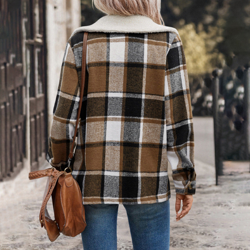 Abrigo de cuadros con cuello cepillado para mujer de otoño e invierno