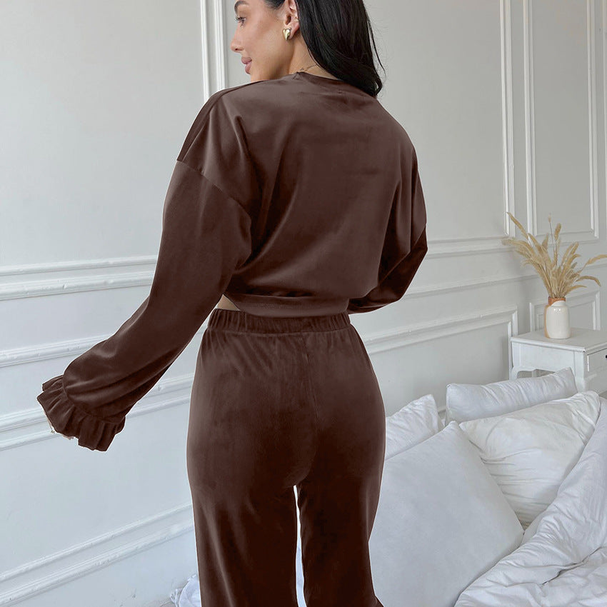 Pantalon tricoté à volants à manches longues pour femme, vêtement d'intérieur confortable et décontracté, pyjama à col rond