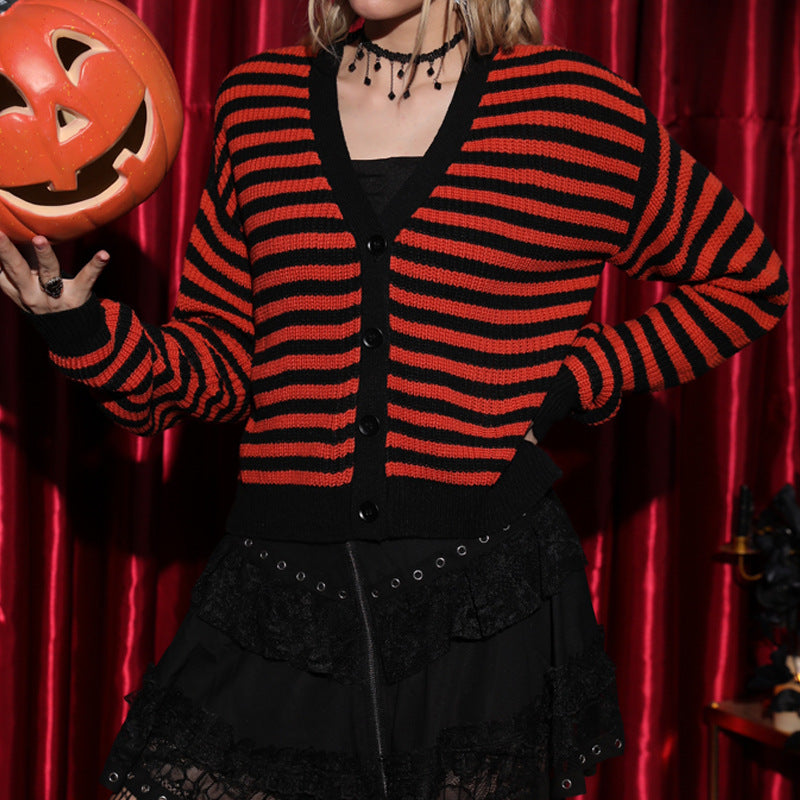 Women Casual Long Sleeved Halloween Sweater Pumpkin Striped V Knitted Cardigan