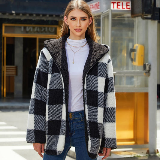 Vêtements pour femmes automne hiver Plaid lâche décontracté sans boucle cardigan double couche manteau en peluche femmes