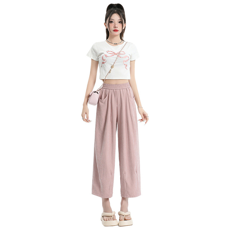 Elastic Waist High Waist Wide Leg Pants Cropped Drape Small Lazy And Loose