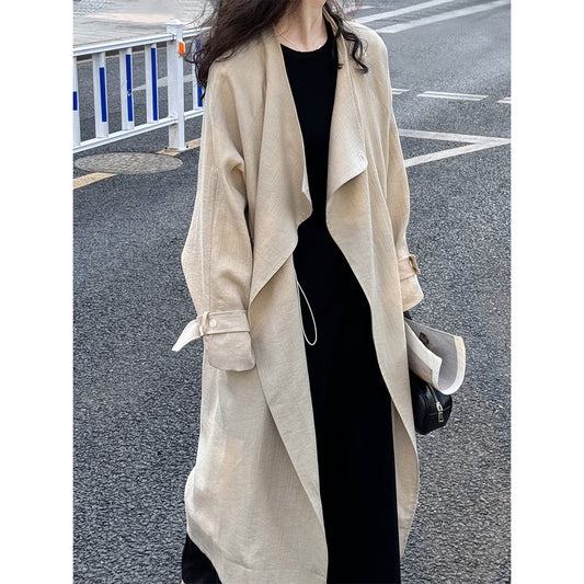 Chinese National below the Knee Trench Coat Women Mid Length Spring Drawstring Cotton Linen Coat