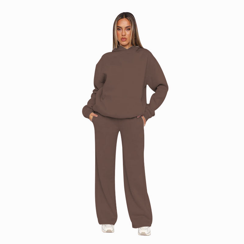 Autumn Winter Solid Color Long Sleeved Hooded Sweaters Women Clothing Casual Wide Leg Pants Sets