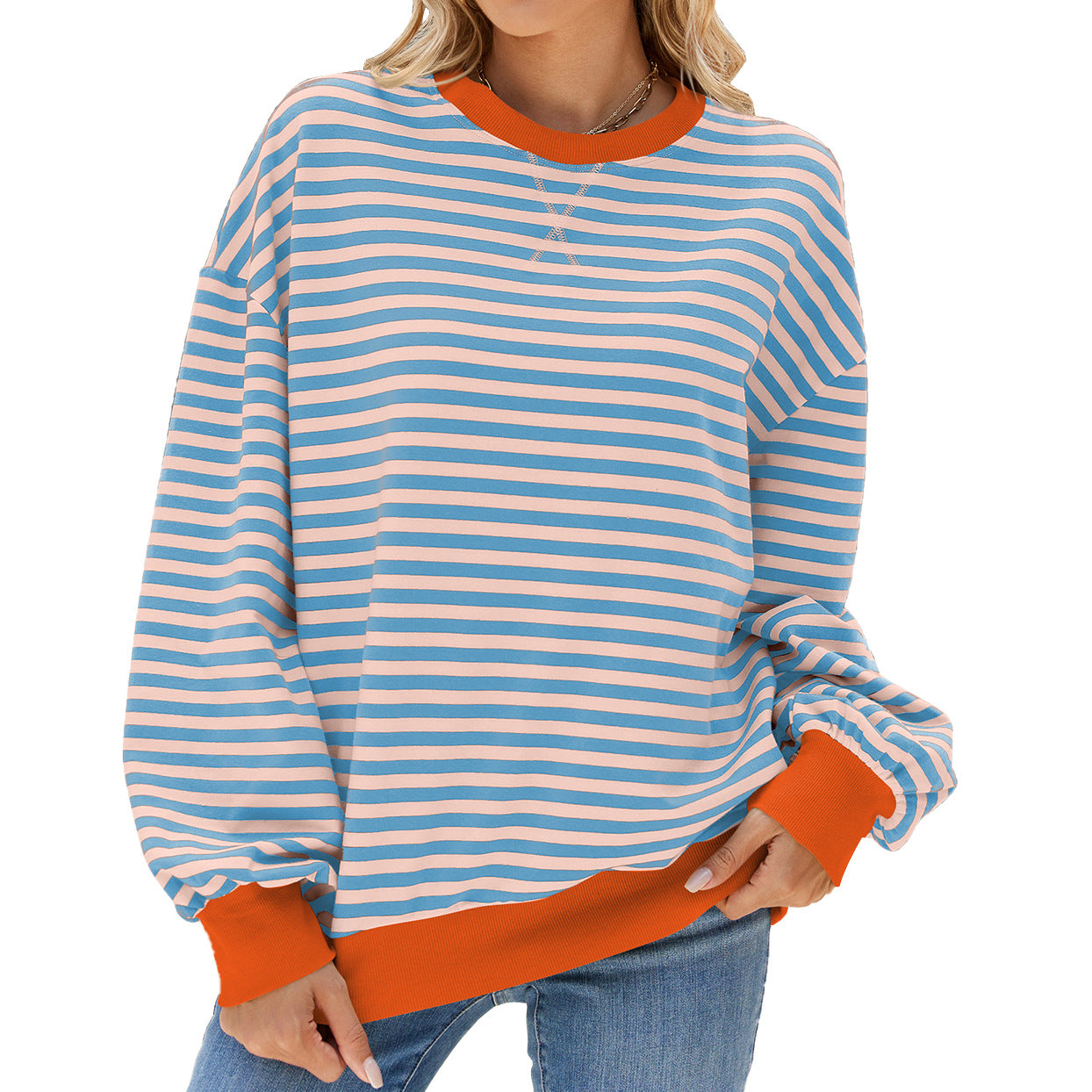 Autumn Winter Striped Round Neck Contrast Color Loose Long Sleeve Sweatershirt Coat Women