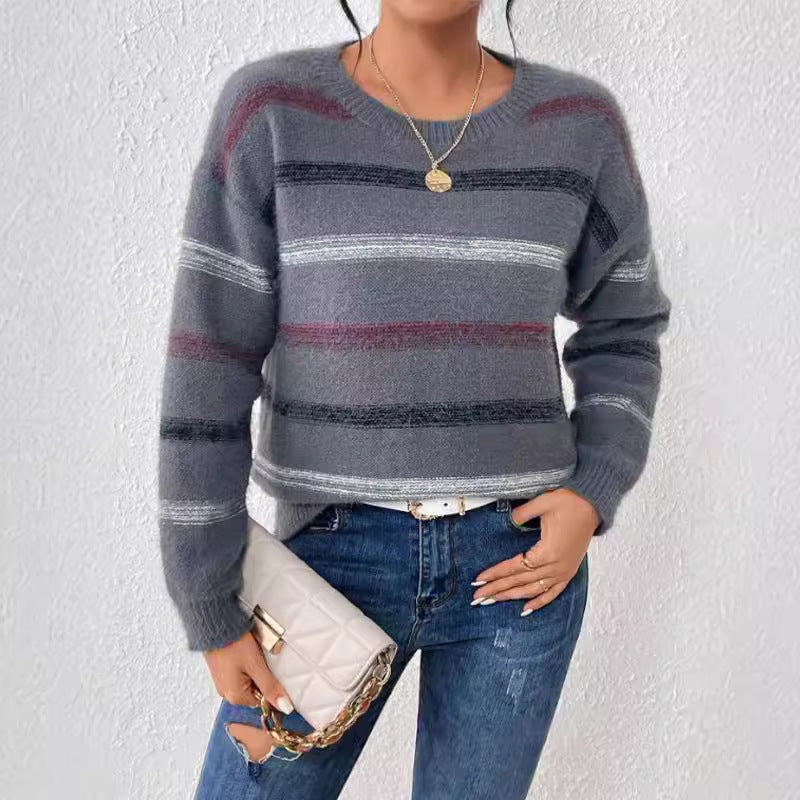 Women Sweater Pullover round Neck Long Sleeves Knitwear Striped All-Matching Loose Knitted Top