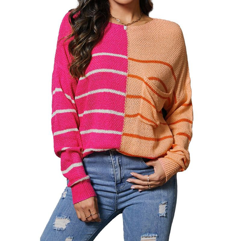 Pull à épaules tombantes de couleur contrastée pour femme, pull décontracté à rayures amples pour femme, automne et hiver