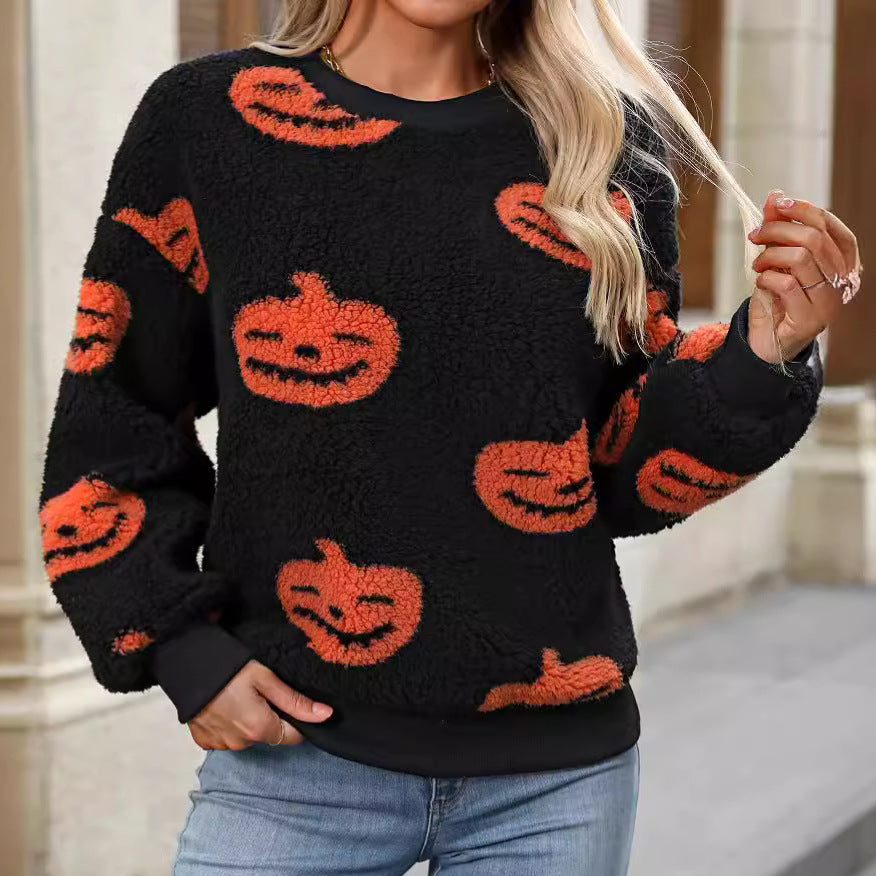 Pull ample en peluche imprimé Halloween pour femme, automne hiver