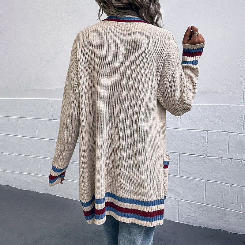 Contrast Color Striped Pocket Sweater Autumn Winter Sweater Women Cardigan Coat