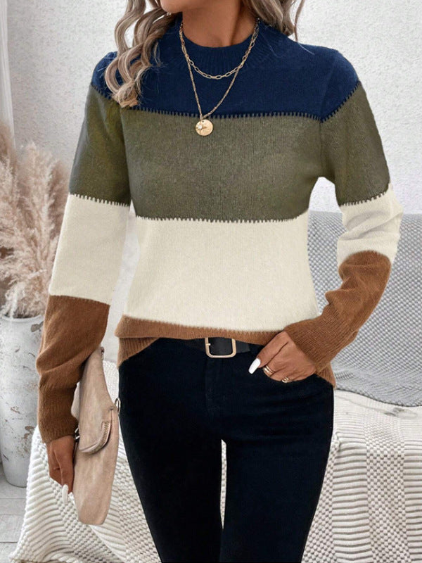 Pull de couleur contrastée pour femme, pull à col rond, manches longues, tricot décontracté, hauts assortis, automne hiver