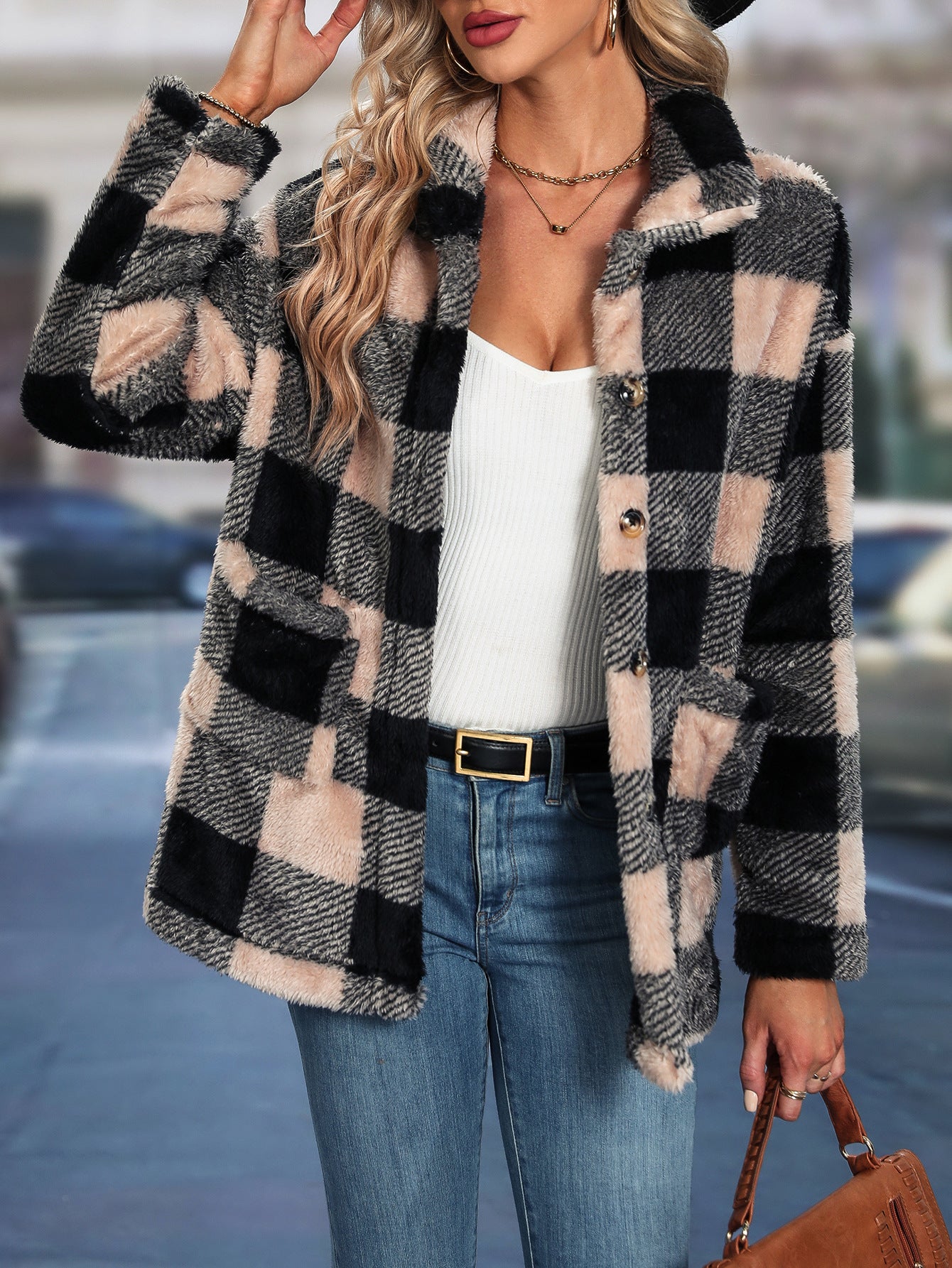 Women Tops Autumn Winter Women Square Plaid Collared Flannel Coat