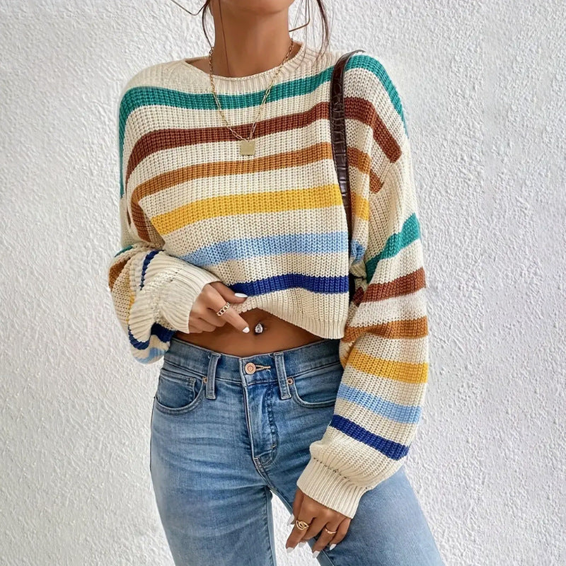 Suéter de otoño e invierno para mujer, jersey de cuello redondo, suéter clásico a rayas, top informal holgado para mujer