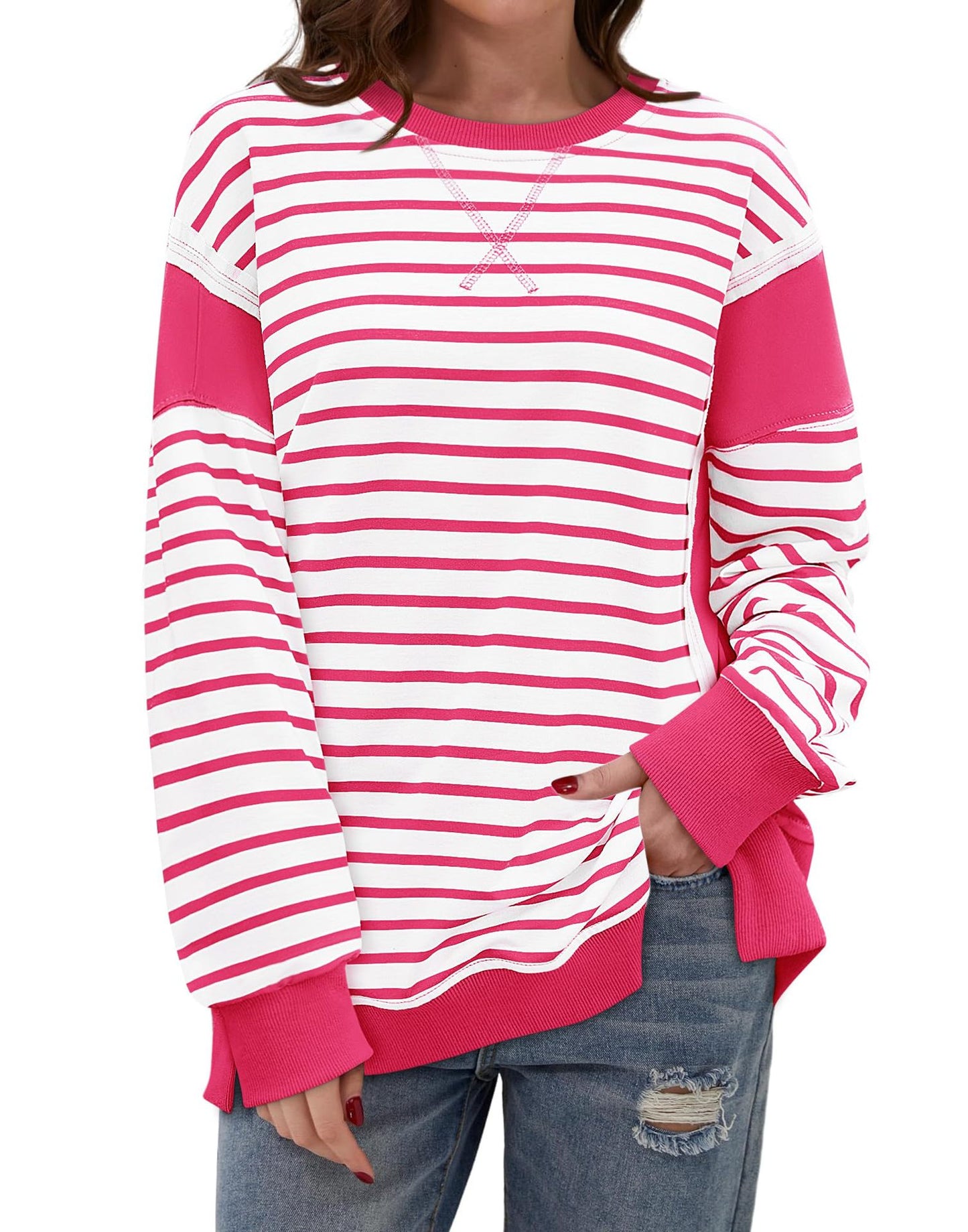 Women Clothing Women Multicolor Hoodie Striped Color Contrast Long Sleeve T Shirt