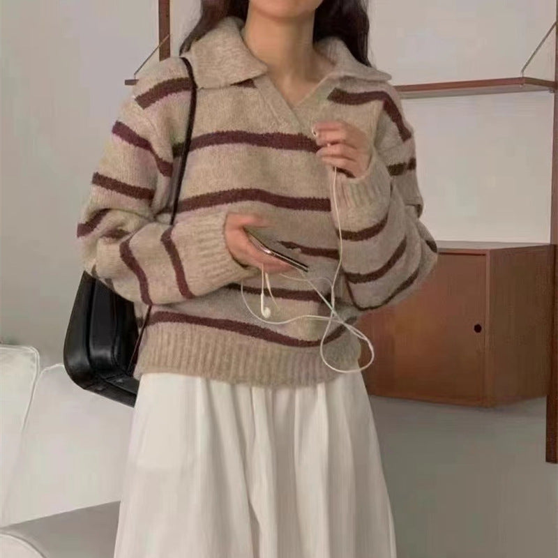 Autumn Winter Fashionable Retro Polo Collar Contrast Color Striped Sweater Women Long Sleeve Sweater Top