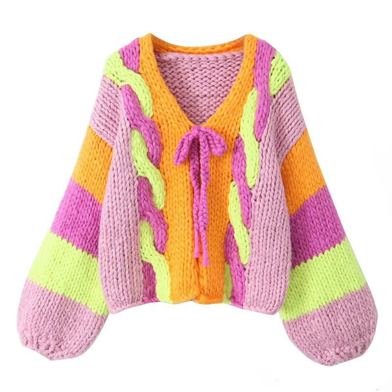 Otoño mujer hecho a mano color tejido cardigan suéter abrigo