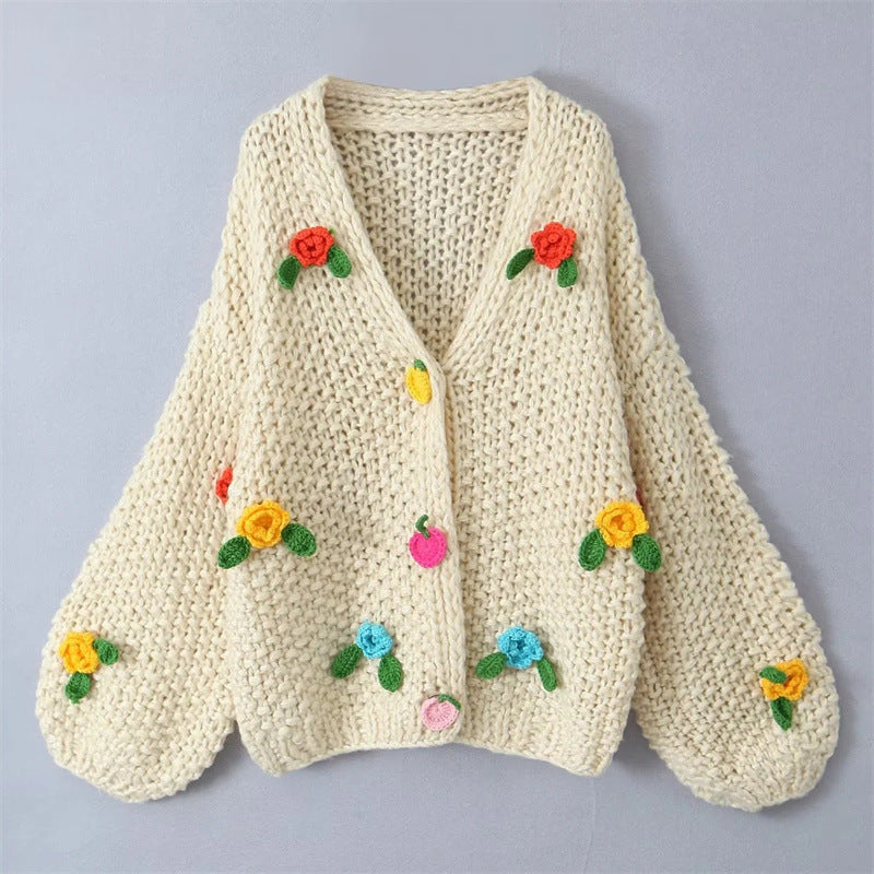 Sweet Gentle Handmade Colorful Floral Sweater Autumn Loose Lazy Top Western Youthful Looking Cardigan Coat