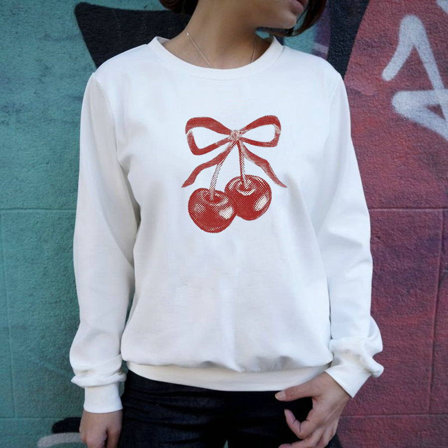 Street Hipster Bow Cherry Drop Shoulder Loose Long Sleeve Sweatershirt Autumn Winter Women Clothing