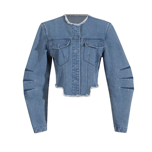 Spring Personality Trendy O neck Short Pocket Stitching Long Sleeve Denim Coat