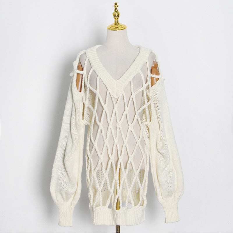 Fall Winter Trend Model Design V-neck Personality Mesh Weaving Hollow Out Cutout Lantern Sleeve Loose Women Sweater