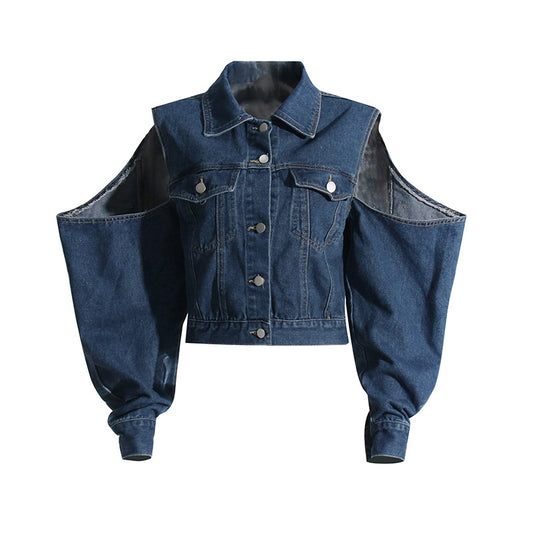 Autumn Collared Hollow Out Cutout Drop Shoulder Design Short Denim Coat Women Jacket