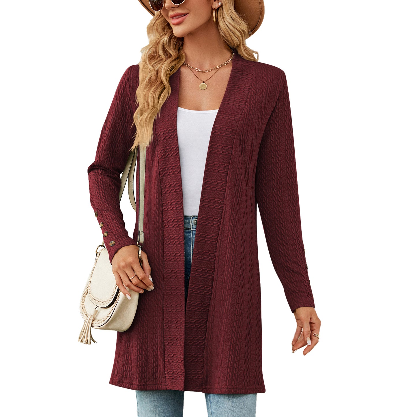 Otoño Invierno Color Sólido Botones Manga Larga Suelta Cardigan Abrigo Mujer Ropa