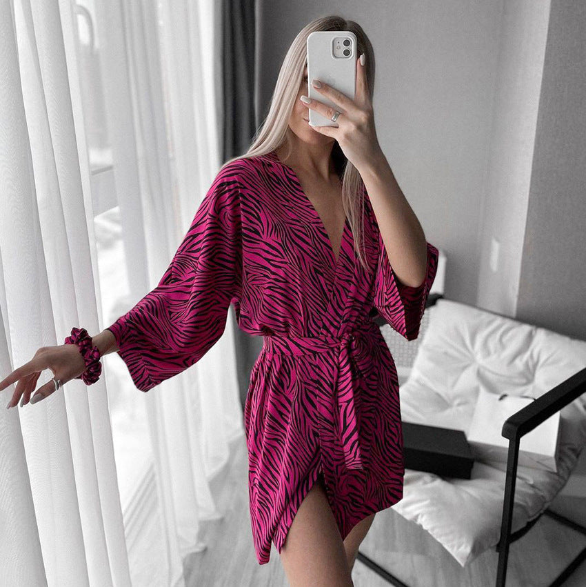 Autumn Rose Red Printed Cardigan Lace up Nightgown Loose Casual Soft Ladies Homewear