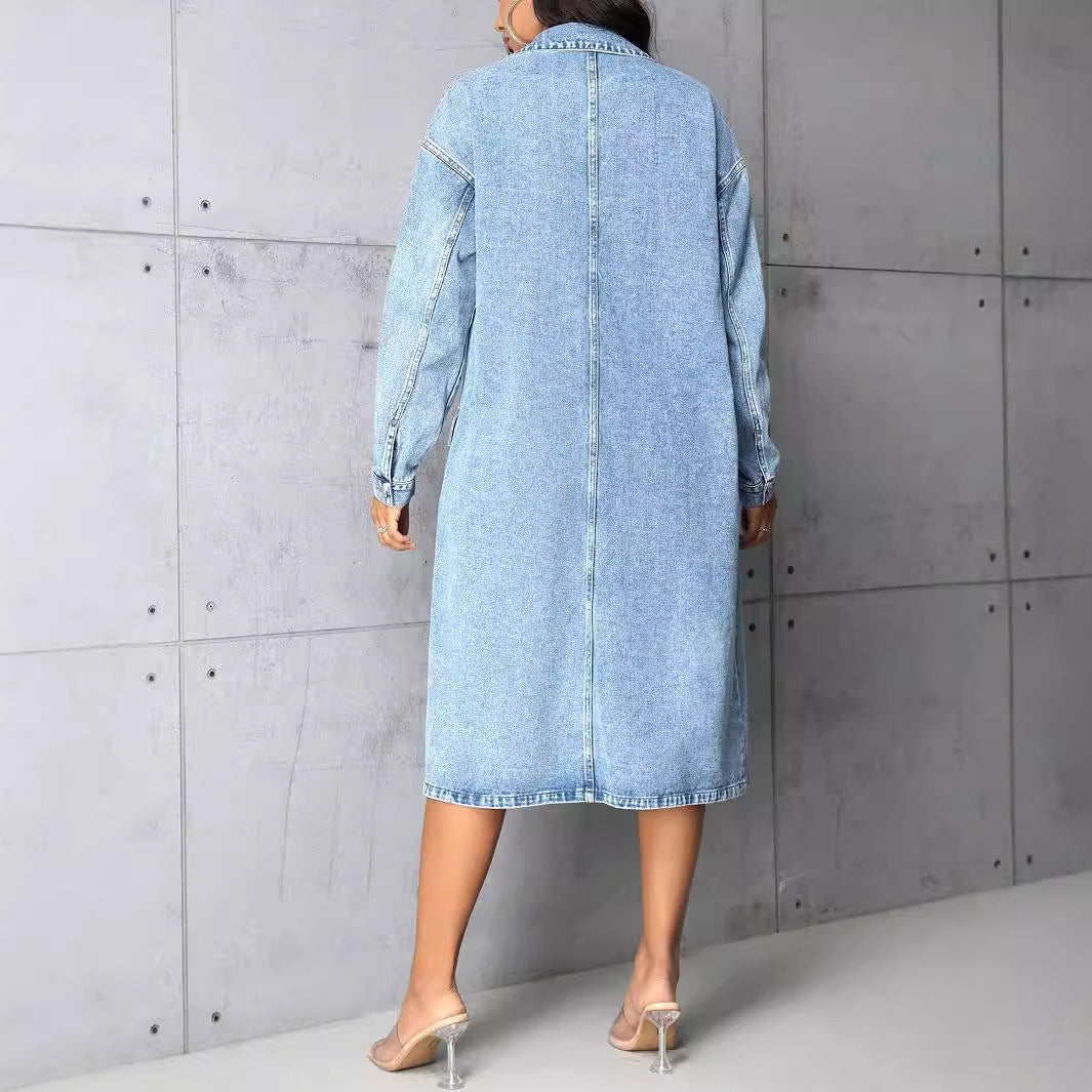 Women Clothing Loose Casual with Big Pockets Denim Trench Coat Long