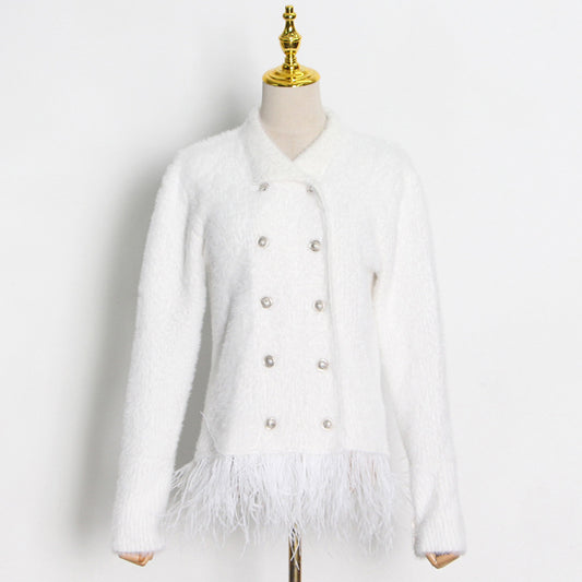 Classic Ostrich Feather Short Stitching Women Clothing Spring Double Breasted Personality Collared Straight Coat