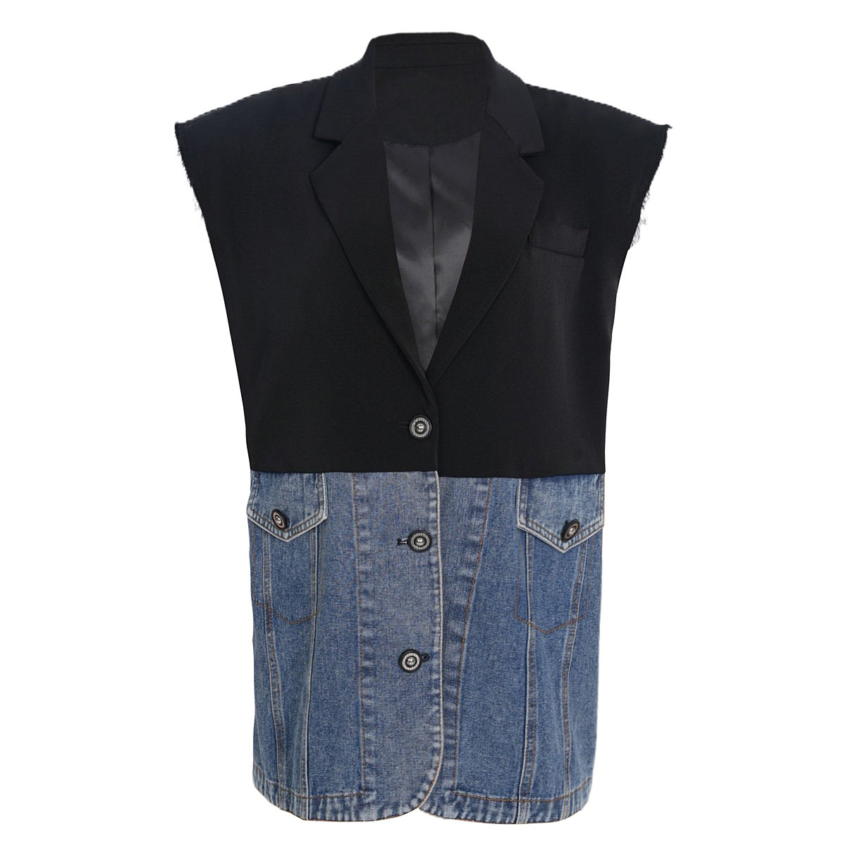 Denim Stitching Contrast Color Shoulder Cotton Sleeveless Vest Coat Women