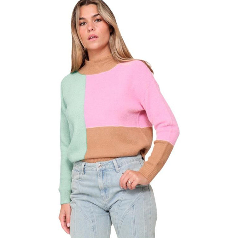 Pull mosaïque multicolore automne hiver pour femme, haut décontracté ample à col rond et manches longues