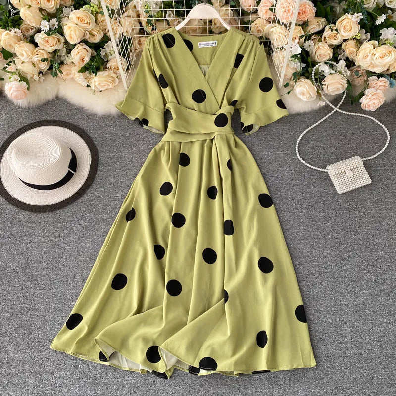 YuooMuoo Chic Fashion Polka Dot Print Women Dress 2023 New Summer Elegant Vintage Bandage Slim Waist Big Swing Long Party Dress