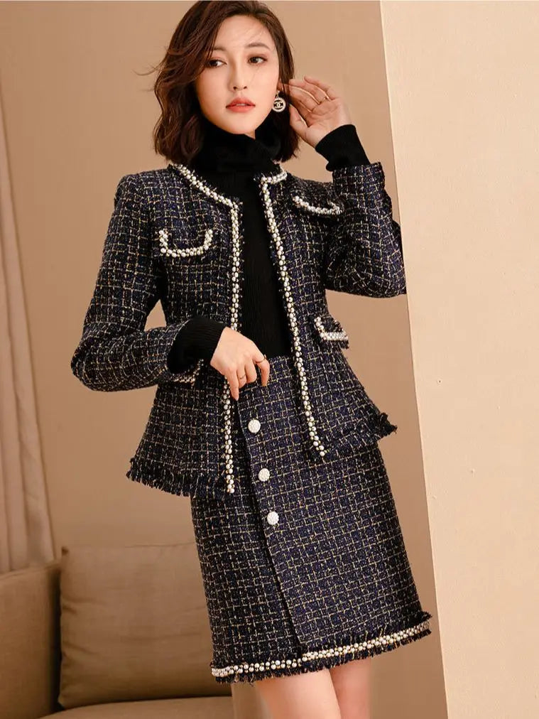 Women Tweed Elegant Chic Suit Pearl Jackert Coat Skirt Two Piece Set Matching Outfit Winter Workwear High Quality Clothing 2023