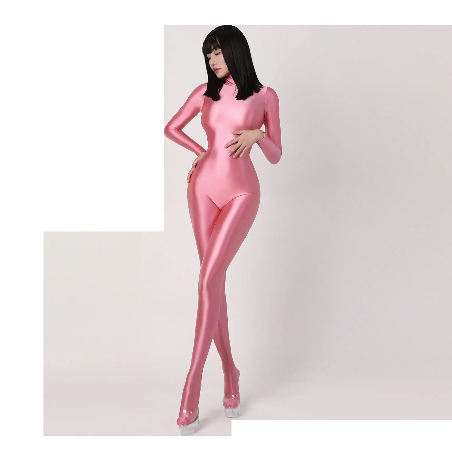 Autumn Glossy Satin Back Zipper Jumpsuits Women Bodycon Long Sleeve Rompers One-piece Swimsuit Silky Tight Pantyhose Thong