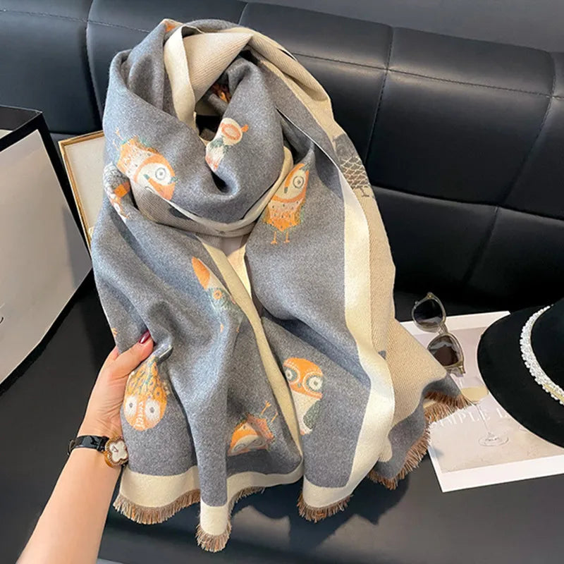 2023 New Women Winter Scarf Cashmere Pashmina Shawls and Wraps Bufandas Bird Print Warm Thick Scarves Blanket for Lady