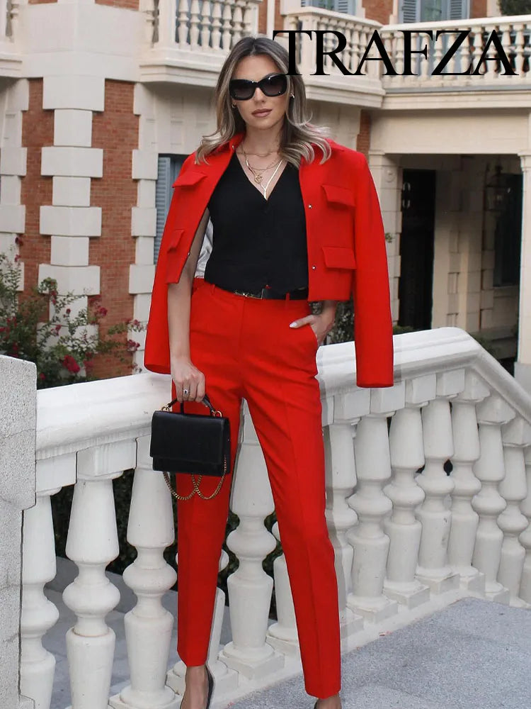 TRAFZA Autumn Winter Women Fashion Single Breasted Turn Down Collar Red Coats+Female Casual Office Lady Slim Pants 2 Piece Suit