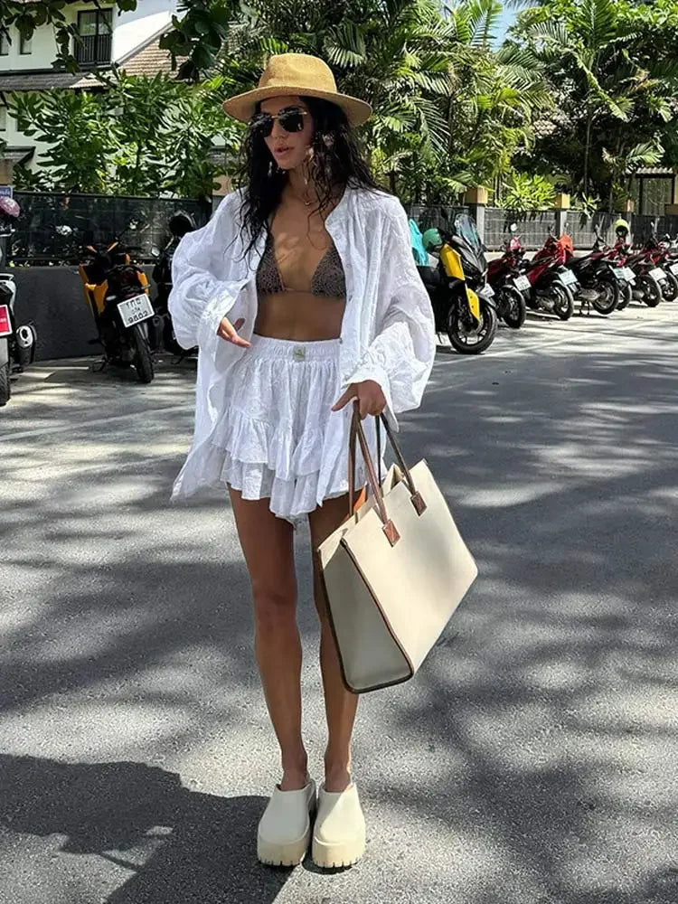 White Long Sleeved Shirt Jacket Shorts Sets Summer Female Stand Collar Single Breasted Suits Casual Vacation Casual Beachwear