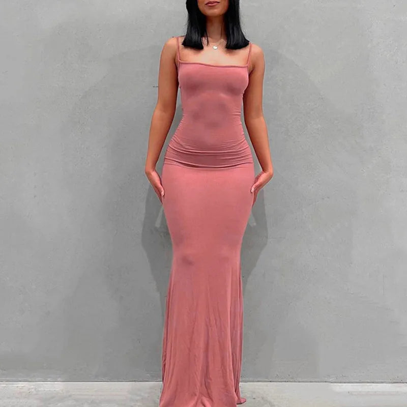 Y2k Women Sexy Bodycon Long Dress Solid Color Spaghetti Strap Low Cut Evening Party Dress Summer Beach Going Out Clothing